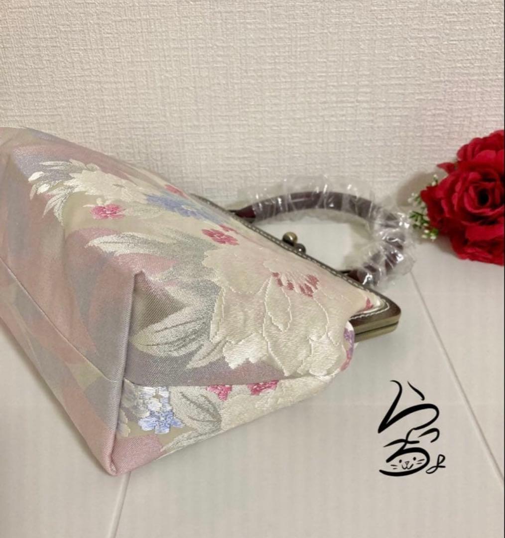 帯リメイク パステル 持ち手付きがま口バッグ