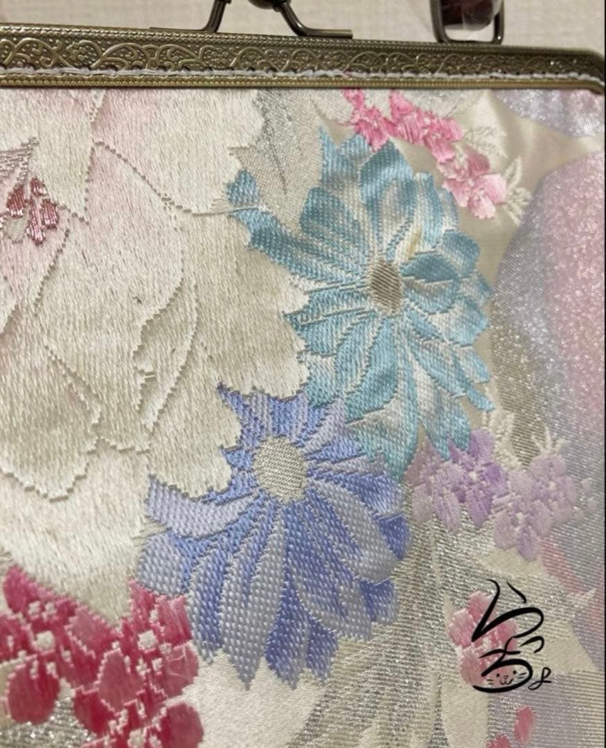 帯リメイク パステル 持ち手付きがま口バッグ