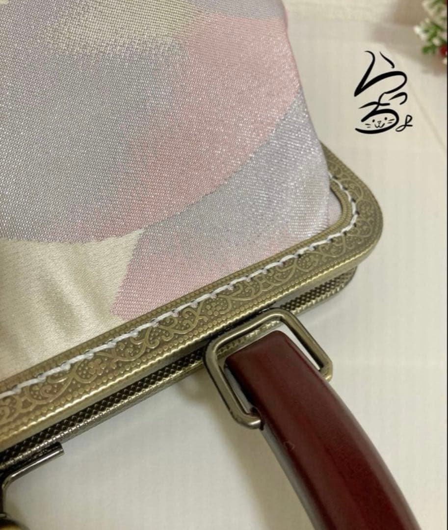 帯リメイク パステル 持ち手付きがま口バッグ