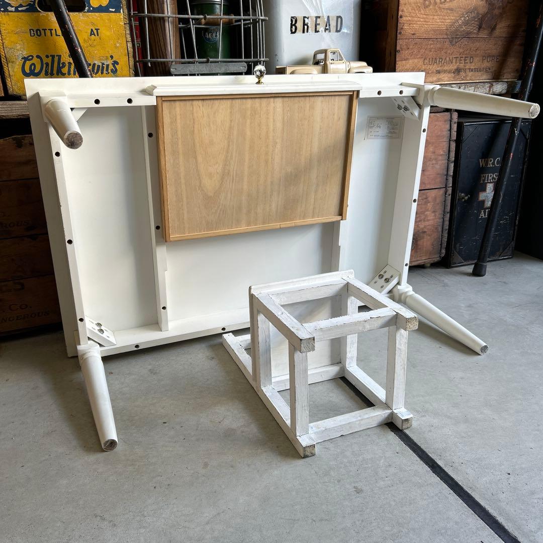 現行ビンテージ デスク & ミニ椅子 セット シャビー ホワイト ローテーブル