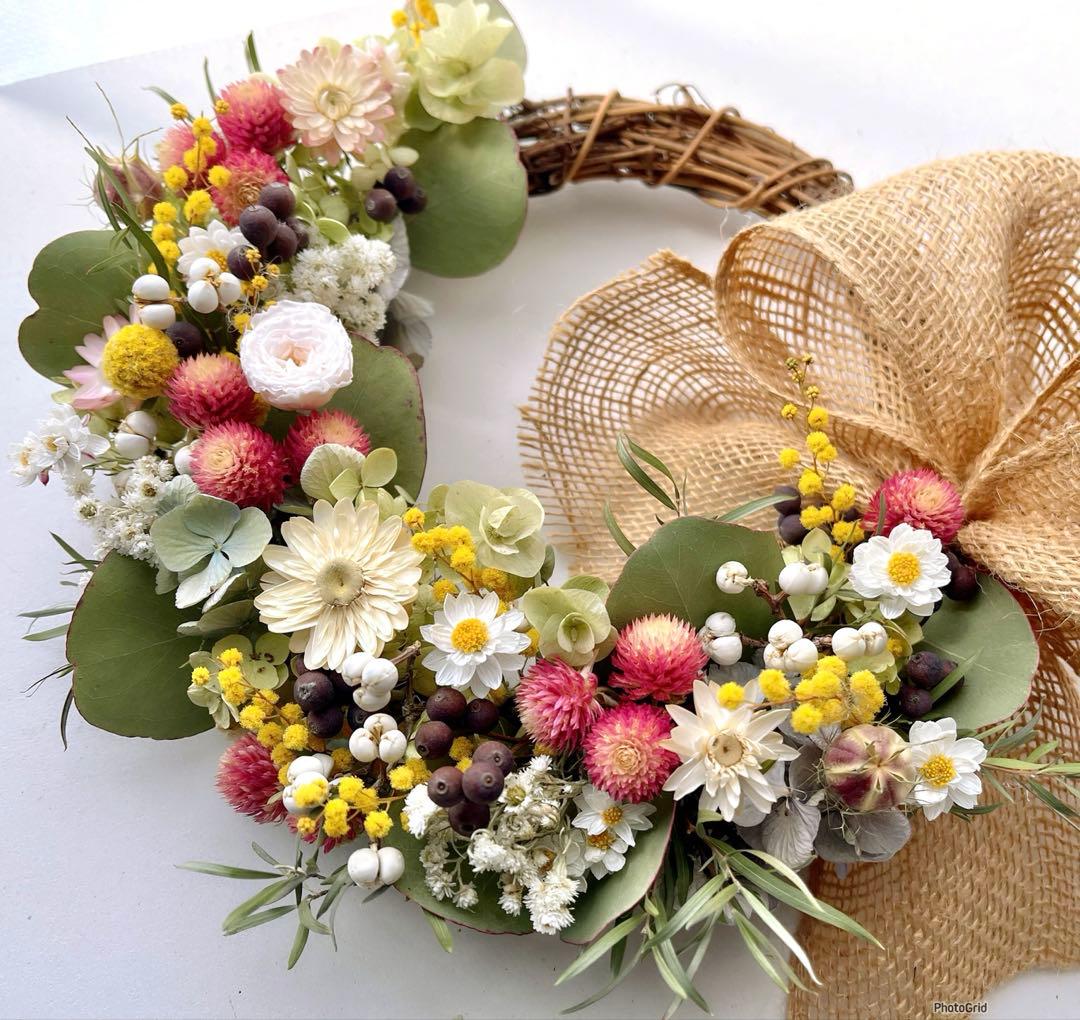 ミモザと春の花　春のボンボンリース　ドライフラワーリース Ⅹ