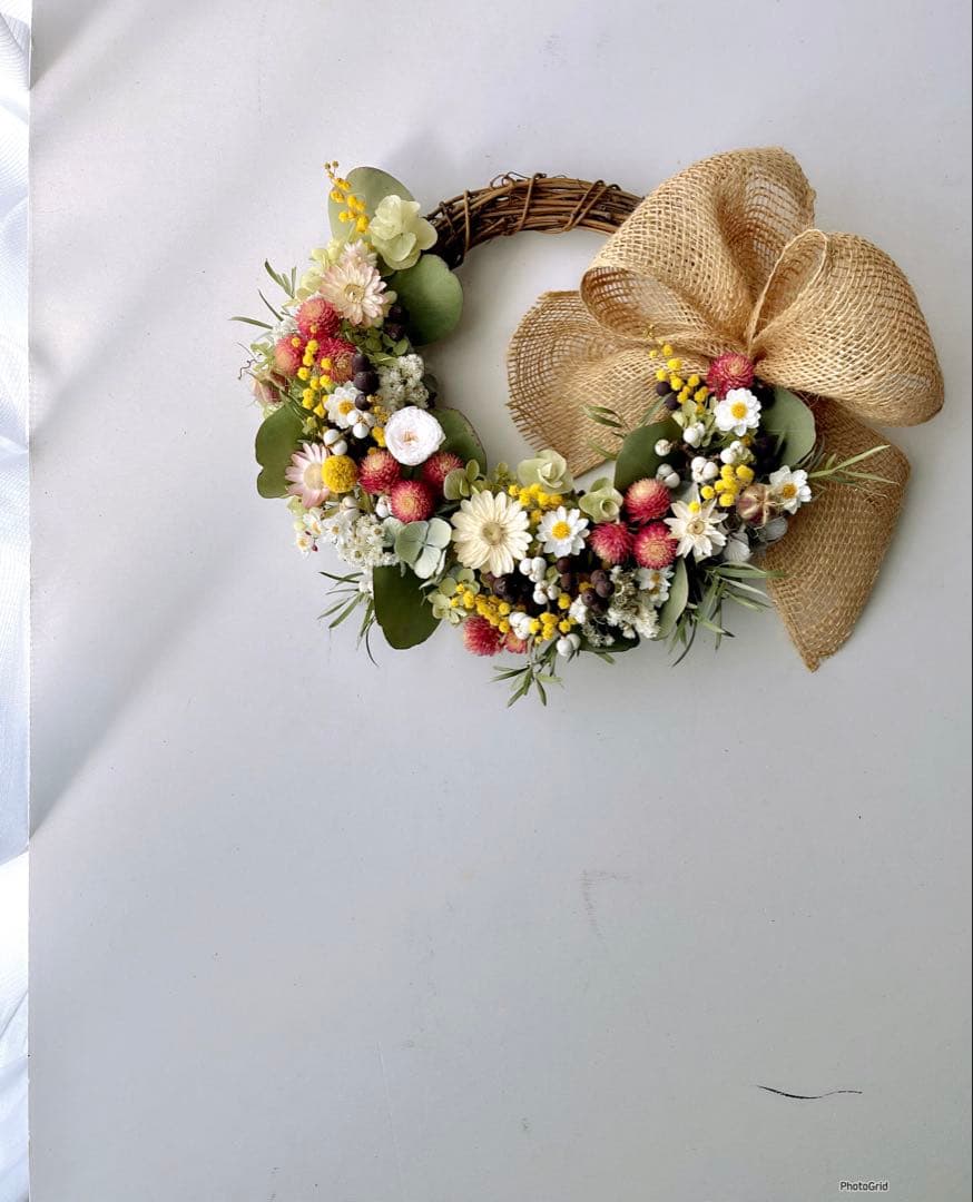 ミモザと春の花　春のボンボンリース　ドライフラワーリース Ⅹ