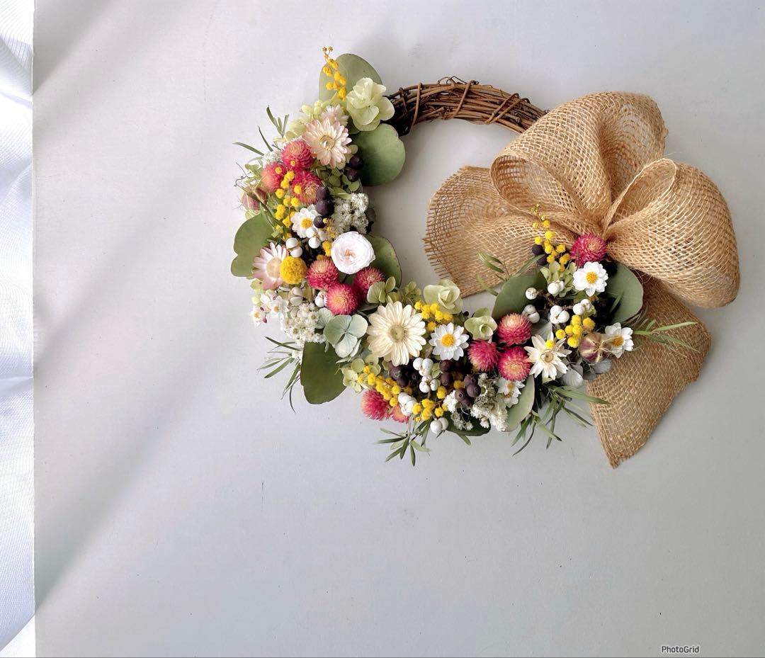 ミモザと春の花　春のボンボンリース　ドライフラワーリース Ⅹ