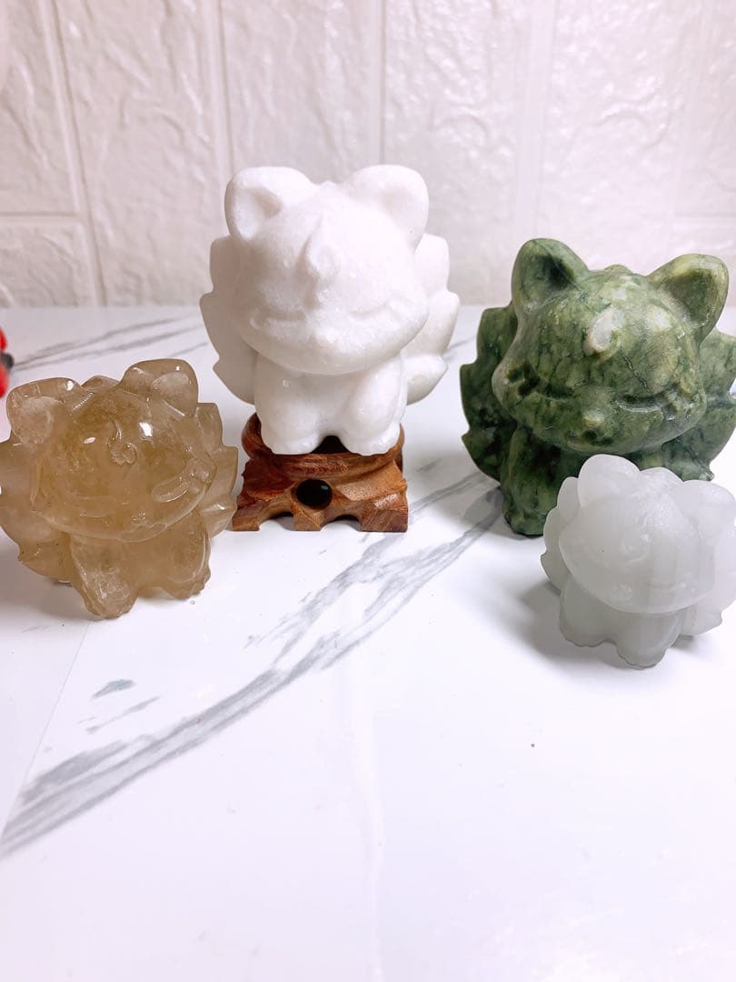 サーペンティン（蛇紋石） 九尾の狐 置物 天然石 76.9mm厄除け・再生・守護