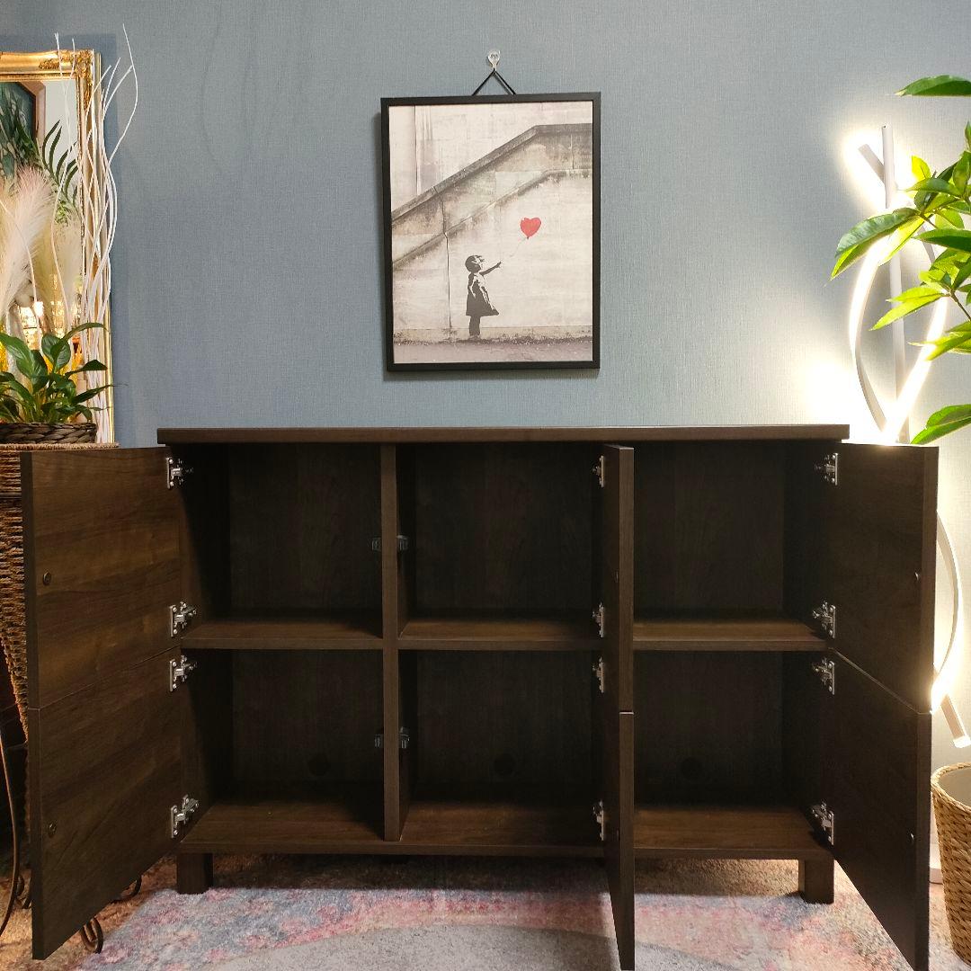 LOWYA サイドボード ダークブラウン6枚扉プッシュオープン式 脚付き