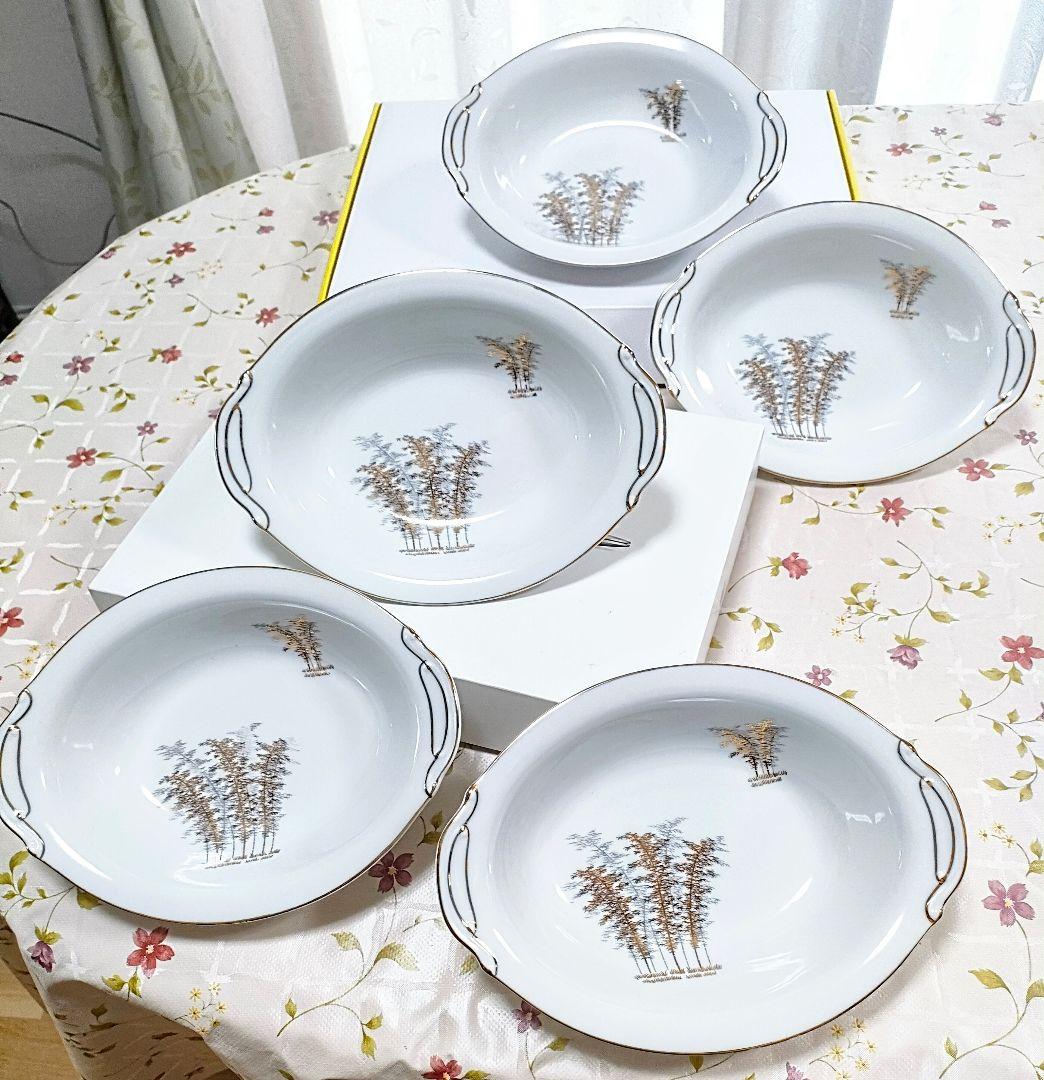 ○4901#0209 オールド深川(深川製磁) 金彩竹林図 深皿 楕円 0620