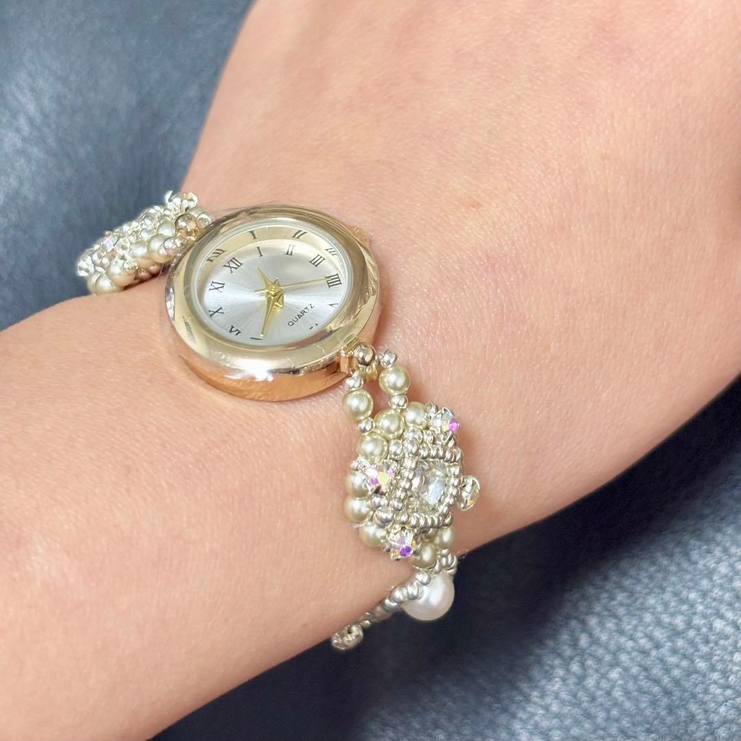 ハンドメイド ゴールド クリスタル ビーズ 腕時計