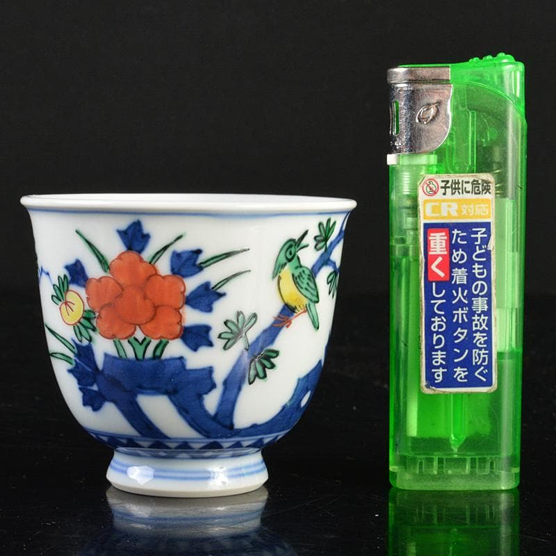 煎茶道具　渋草焼　芳国造　染付赤絵　花鳥文　煎茶碗　五客　共箱　D　R6417