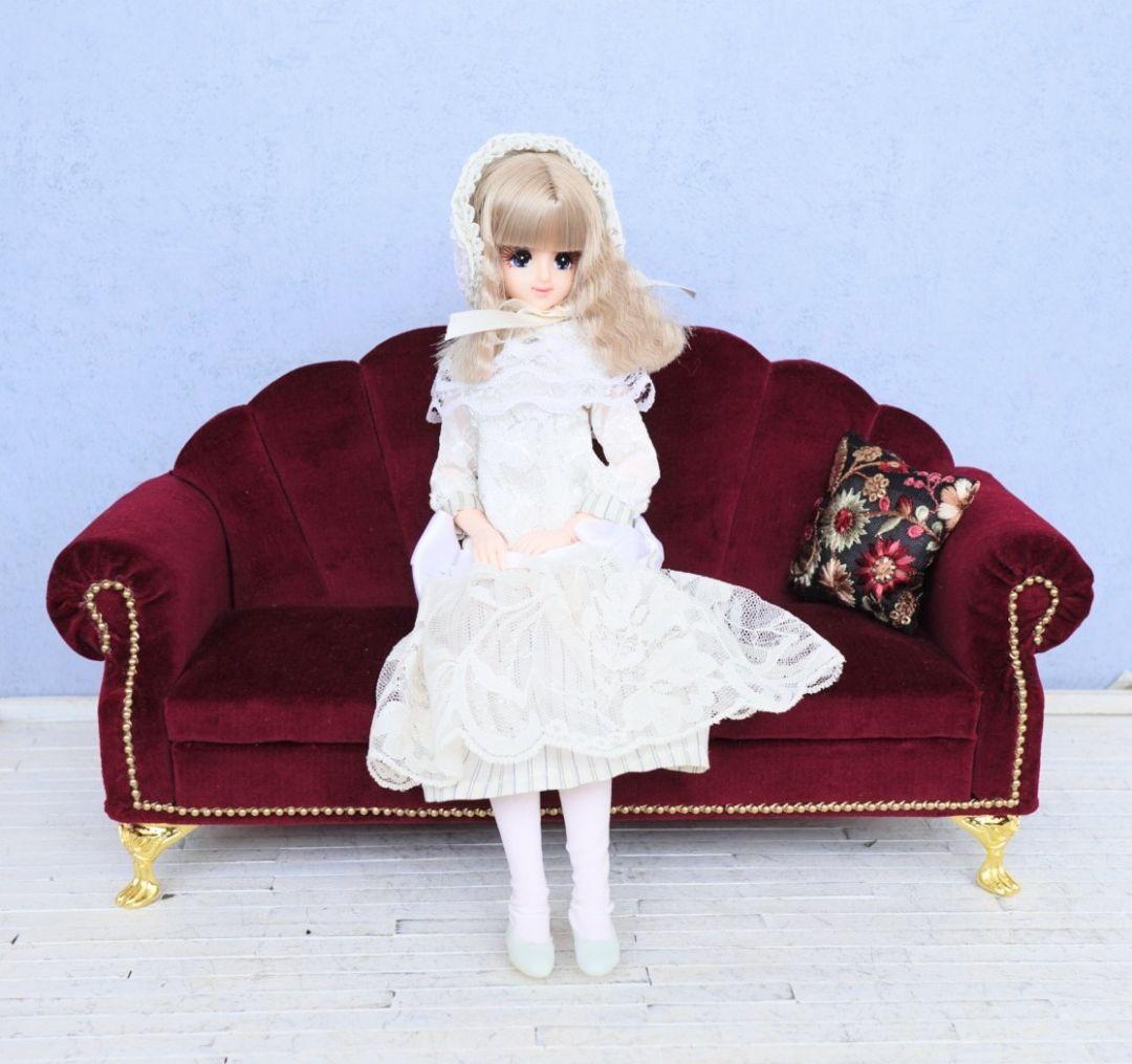 オマケ付】ドール用1/6サイズ シェル型ソファ3人用 ワインレッド