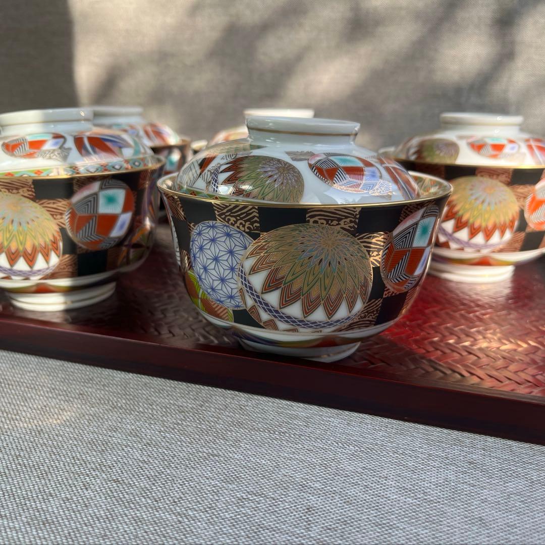 庫山窯　色絵手まり　蓋付き丼　小丼　蓋付き煮物碗　5点