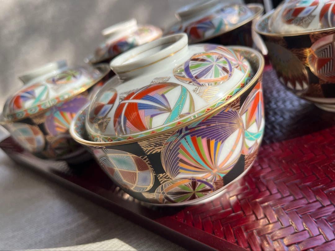 庫山窯　色絵手まり　蓋付き丼　小丼　蓋付き煮物碗　5点