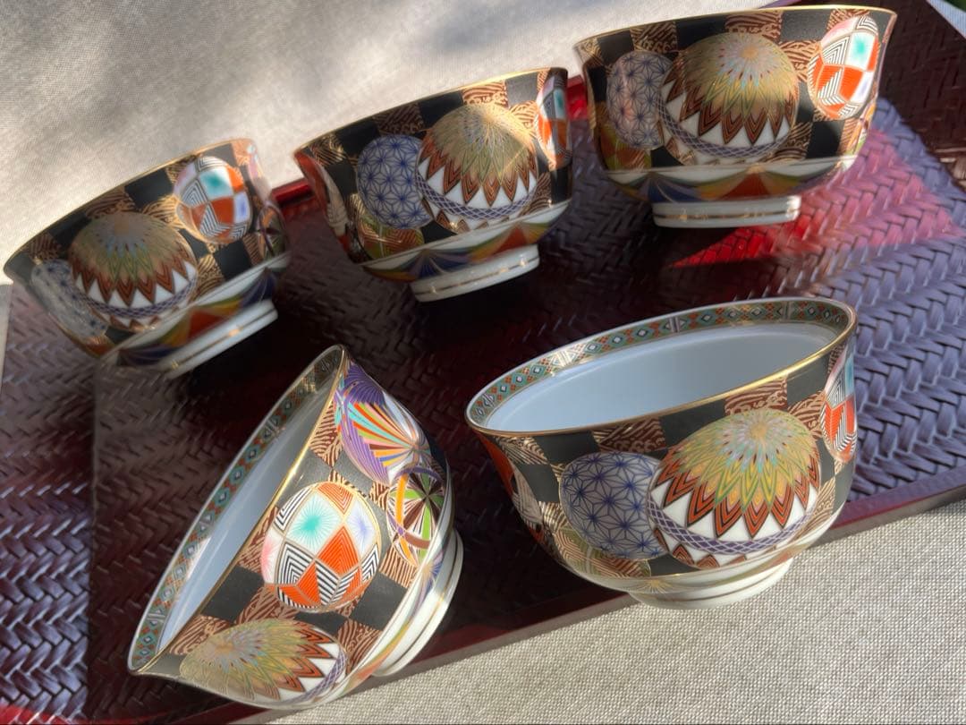 庫山窯　色絵手まり　蓋付き丼　小丼　蓋付き煮物碗　5点