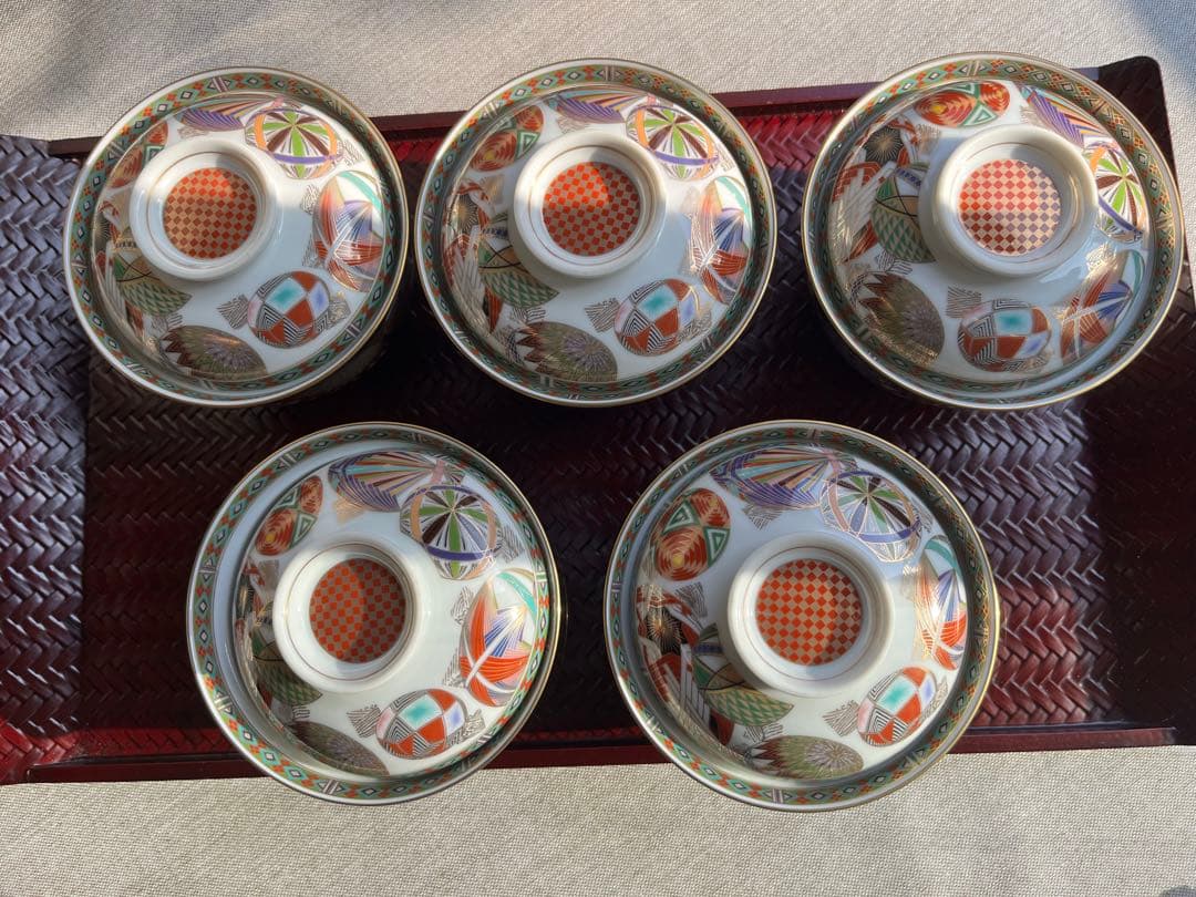 庫山窯　色絵手まり　蓋付き丼　小丼　蓋付き煮物碗　5点