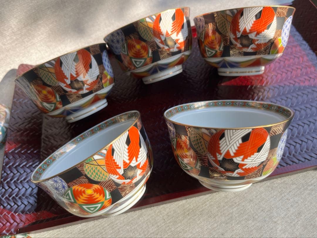 庫山窯　色絵手まり　蓋付き丼　小丼　蓋付き煮物碗　5点