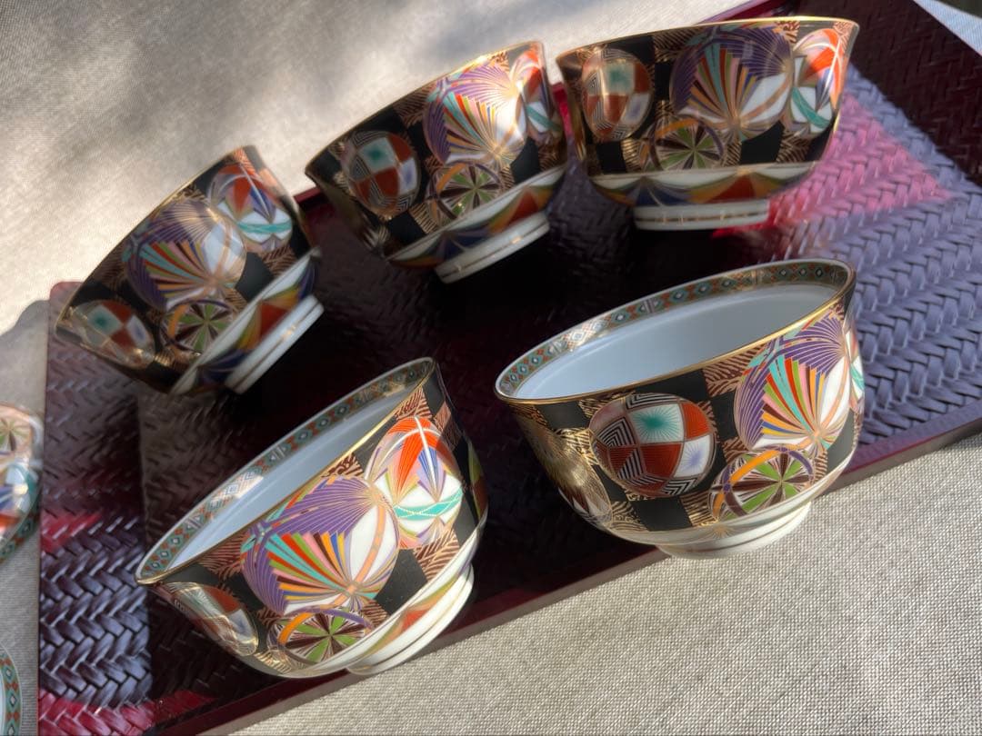 庫山窯　色絵手まり　蓋付き丼　小丼　蓋付き煮物碗　5点