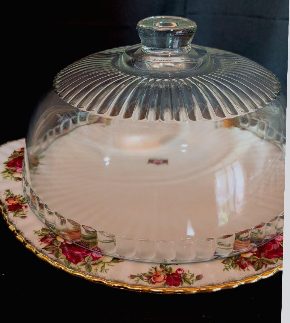 美品　ロイヤルアルバート オールドカントリーローズ ケーキプレート＆ガラスドーム