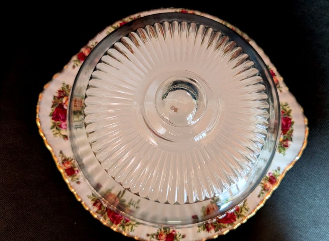 美品　ロイヤルアルバート オールドカントリーローズ ケーキプレート＆ガラスドーム