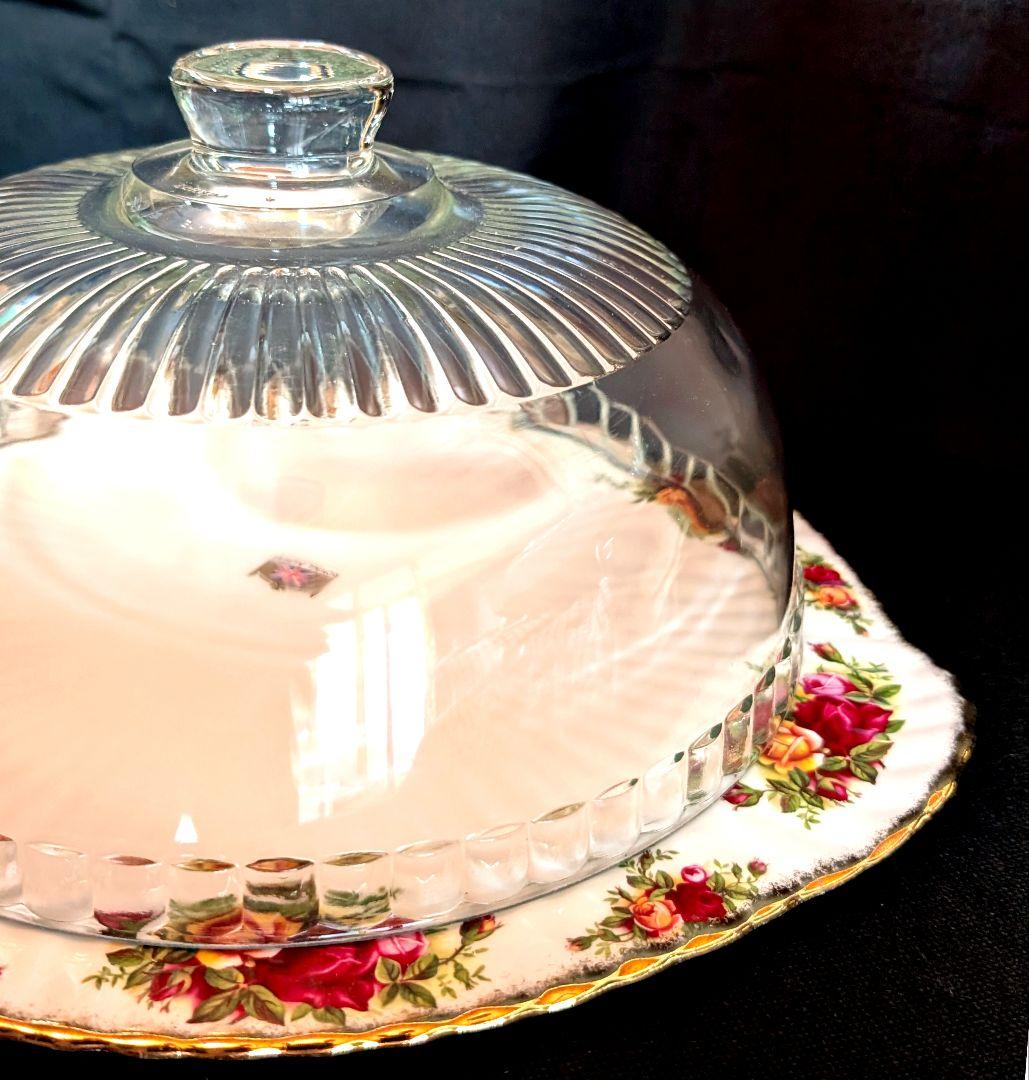 美品　ロイヤルアルバート オールドカントリーローズ ケーキプレート＆ガラスドーム