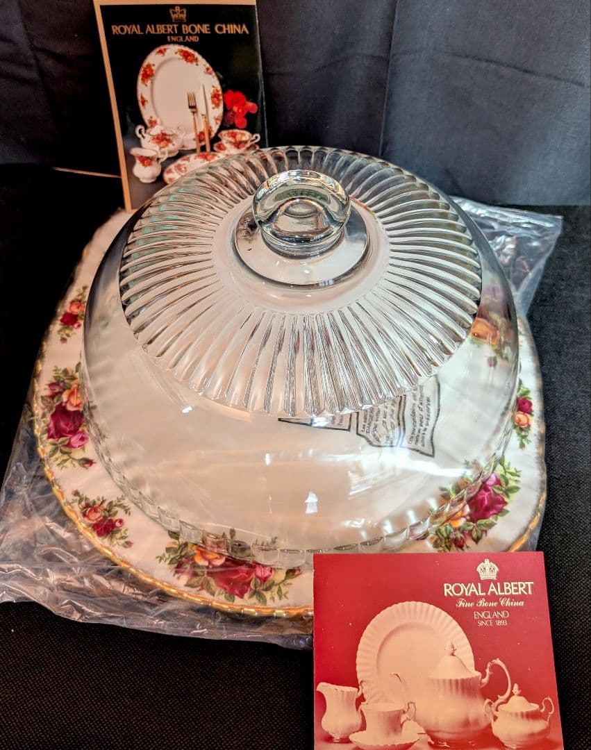 美品　ロイヤルアルバート オールドカントリーローズ ケーキプレート＆ガラスドーム