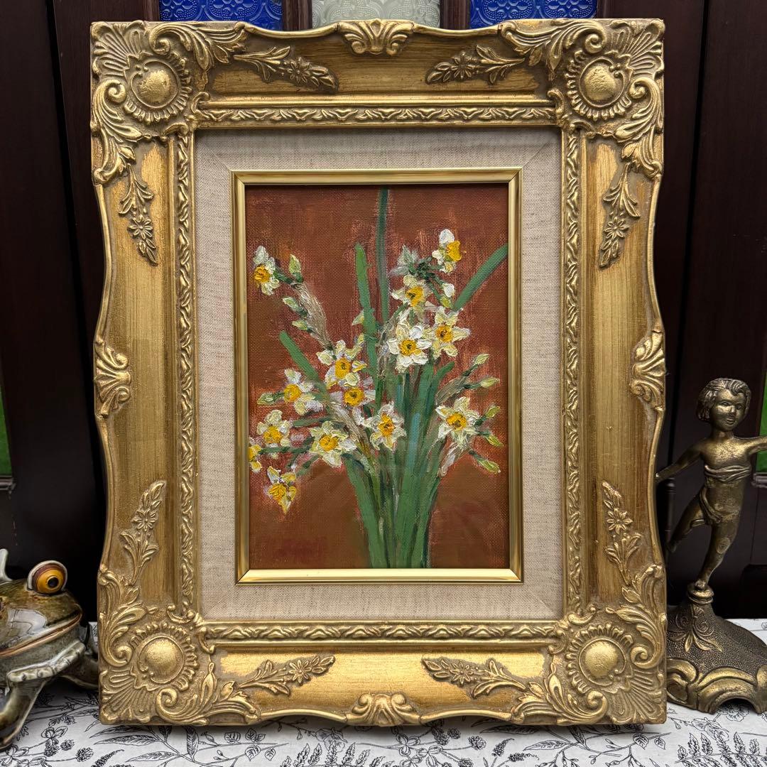 「水仙」 絵画 油絵 油彩 アンティーク 楽天市場】千賀節子『水仙』油絵・油彩画 SМ(サムホール) : 内田画廊