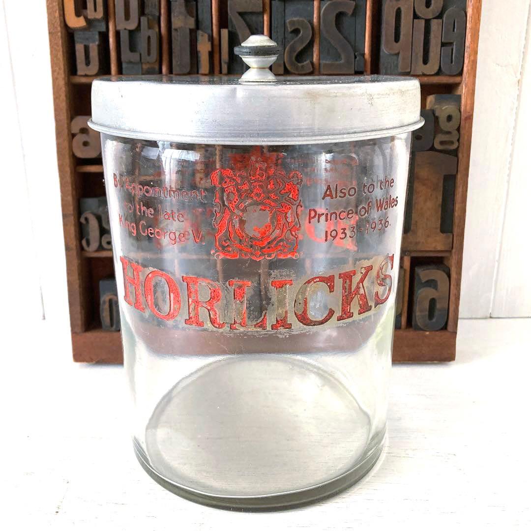 イギリスアンティーク☘️レア HORLICKSホーリックス アルミ蓋ガラスジャー