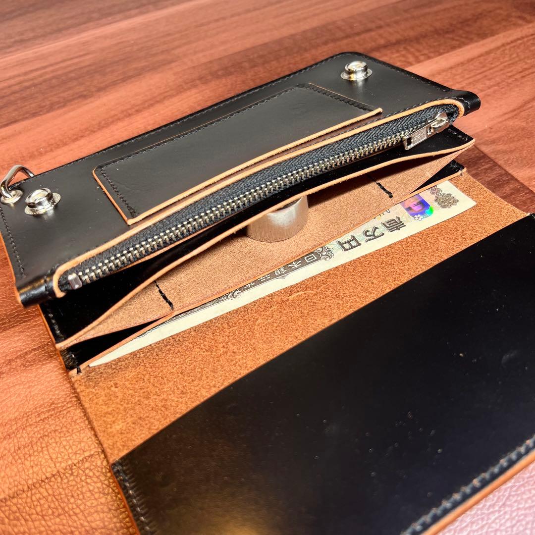 トラッカーウォレット ロング 3層】 北米ステア ブラック 茶芯 シルバー