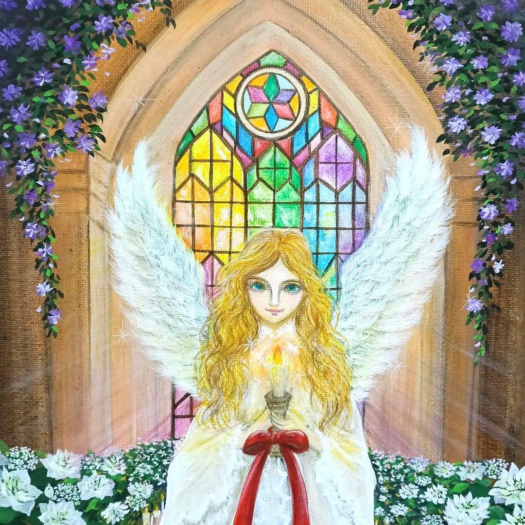 No.557 F3　天使　絵画　アクリル画　クリスマスローズ　ステンドグラス