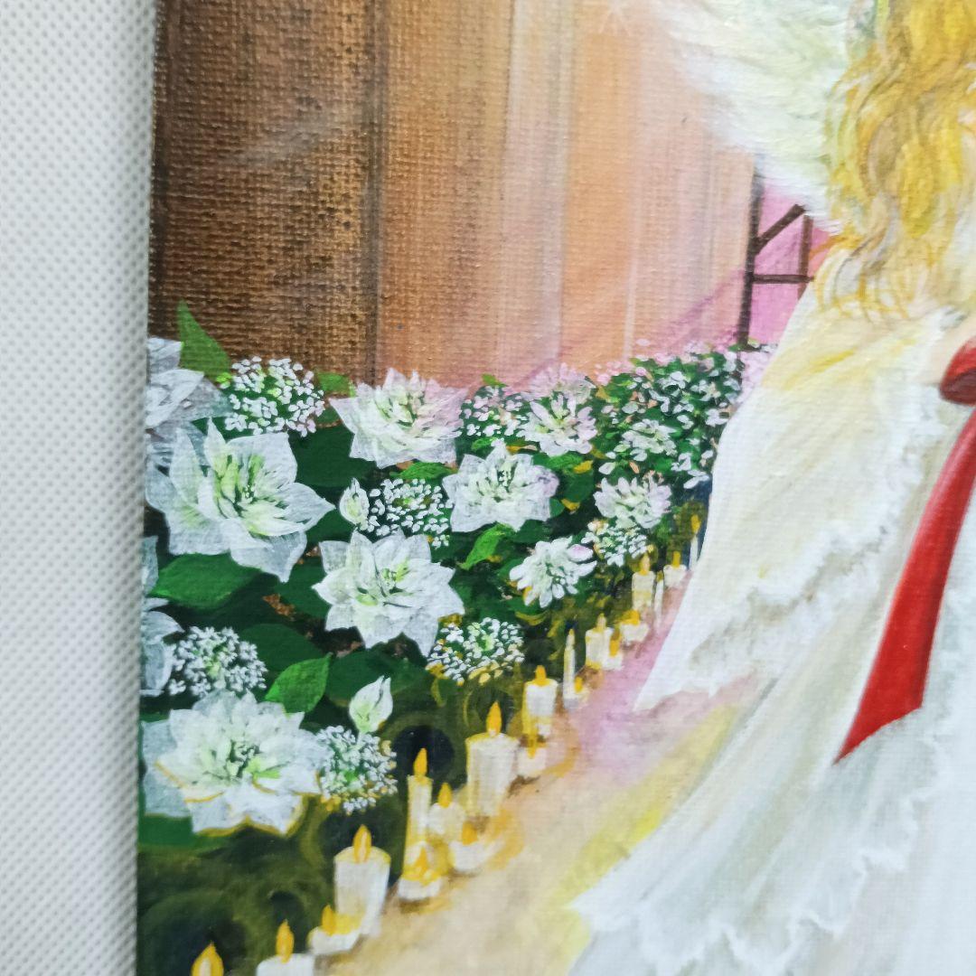 No.557 F3　天使　絵画　アクリル画　クリスマスローズ　ステンドグラス