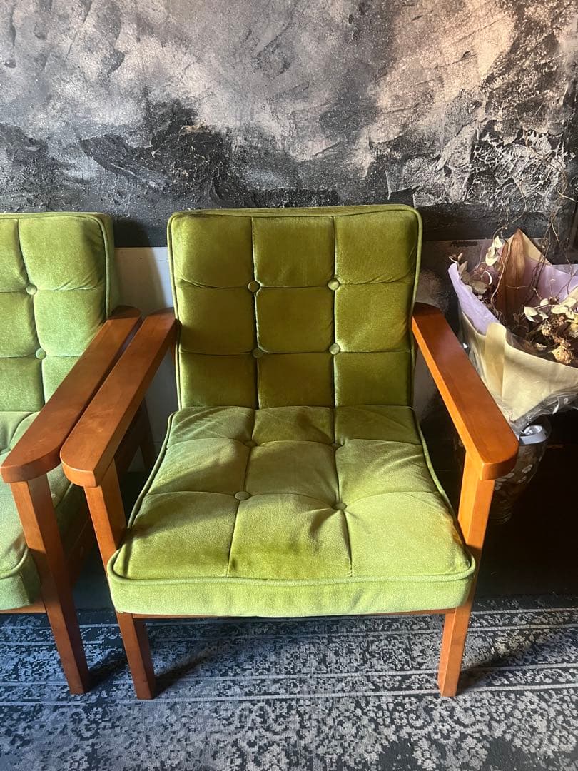 レトロ グリーンファブリック 1人掛けソファ