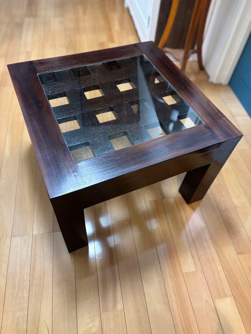 バリ島　チーク材　ガラストップテーブル