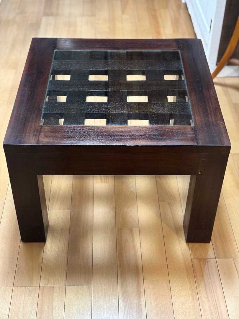 バリ島　チーク材　ガラストップテーブル