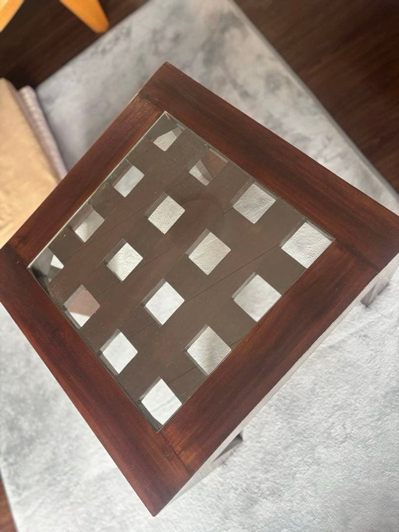 バリ島　チーク材　ガラストップテーブル