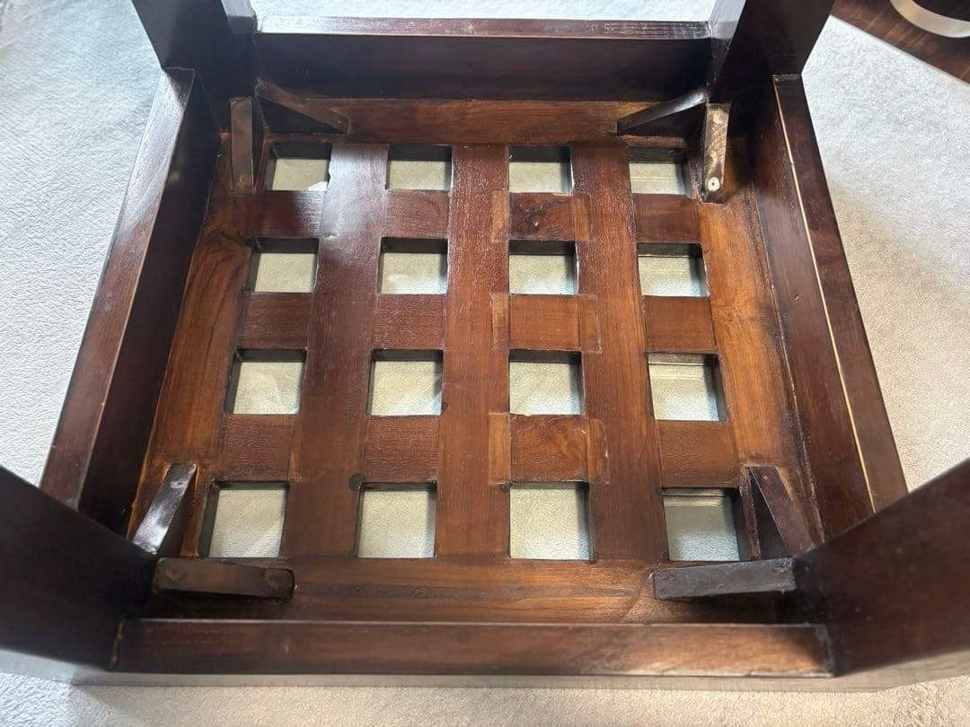 バリ島　チーク材　ガラストップテーブル