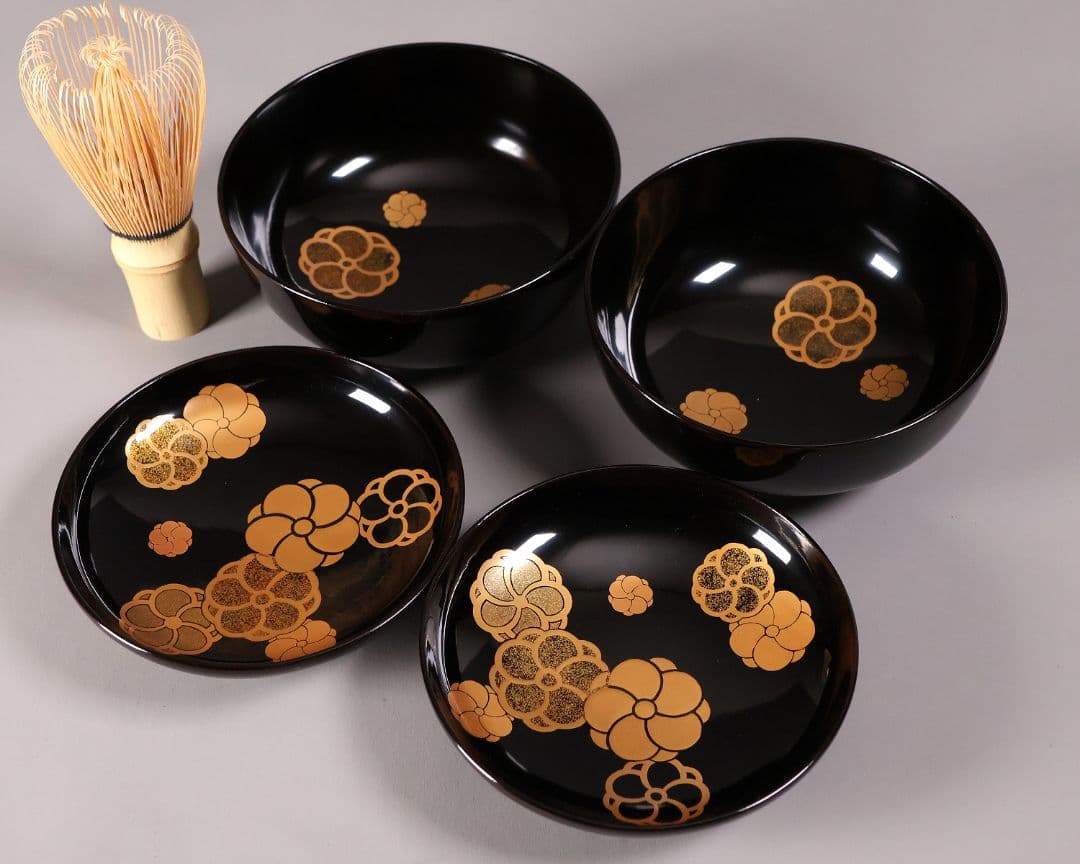 漆芸 木製漆器 捻り梅 金蒔絵 黒塗 御椀 二客 茶懐石道具【MA774】