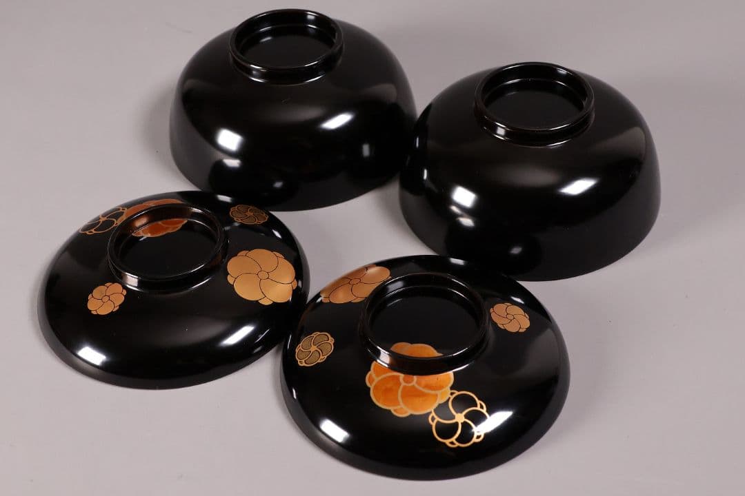 漆芸 木製漆器 捻り梅 金蒔絵 黒塗 御椀 二客 茶懐石道具【MA774】