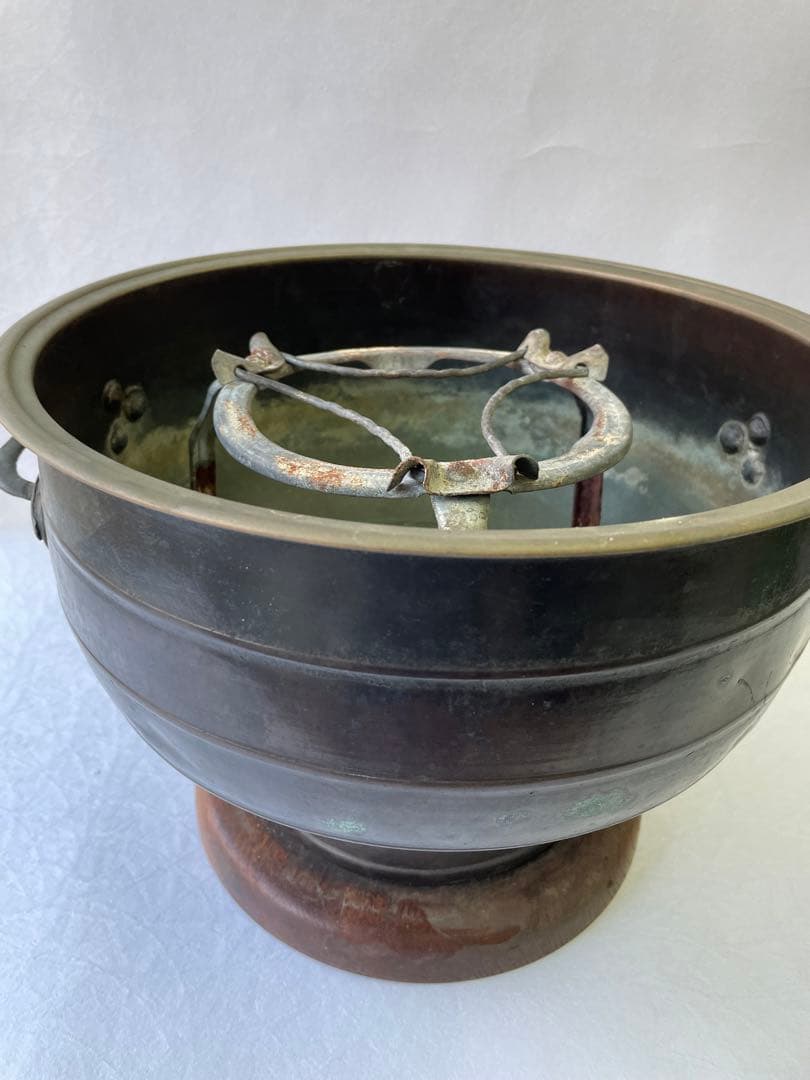 火鉢　手炙り　木製台　時代物昭和レトロ　アンティーク　五徳付　持ち手付き