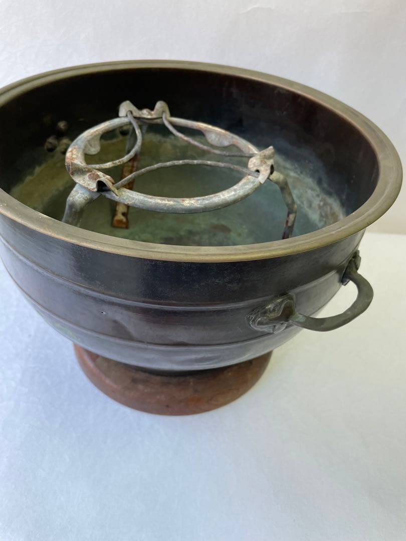 火鉢　手炙り　木製台　時代物昭和レトロ　アンティーク　五徳付　持ち手付き