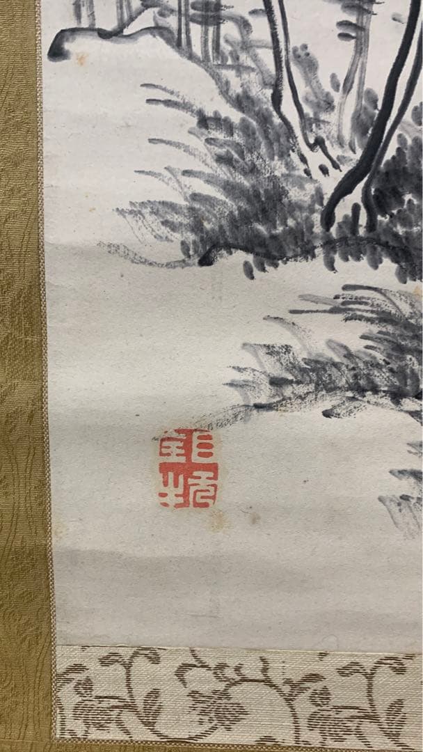 ②⑧ 中国？漢詩山水水墨画掛軸 署名捺印有り 作者不明