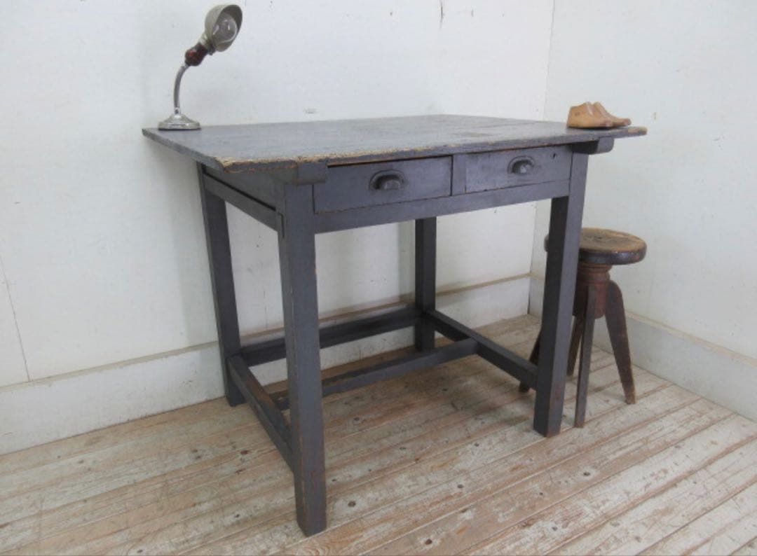 アンティーク 古いペンキの剥げたデスク グレーペイントカフェ什器 古家具