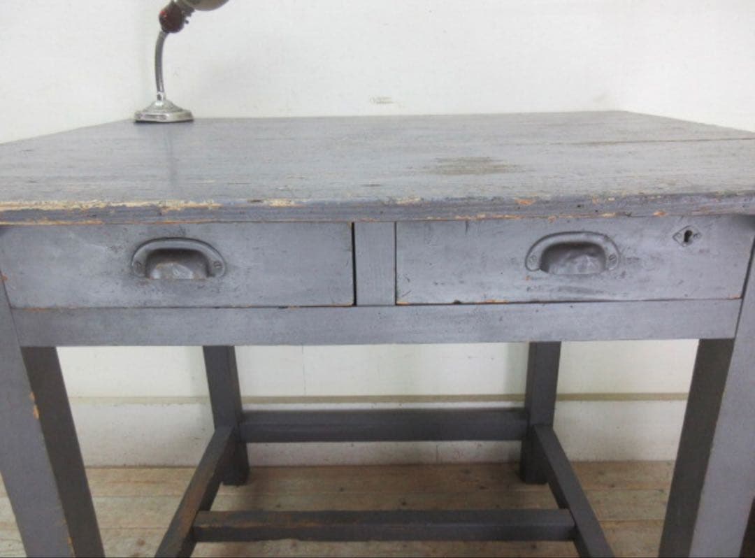 アンティーク 古いペンキの剥げたデスク グレーペイントカフェ什器 古家具