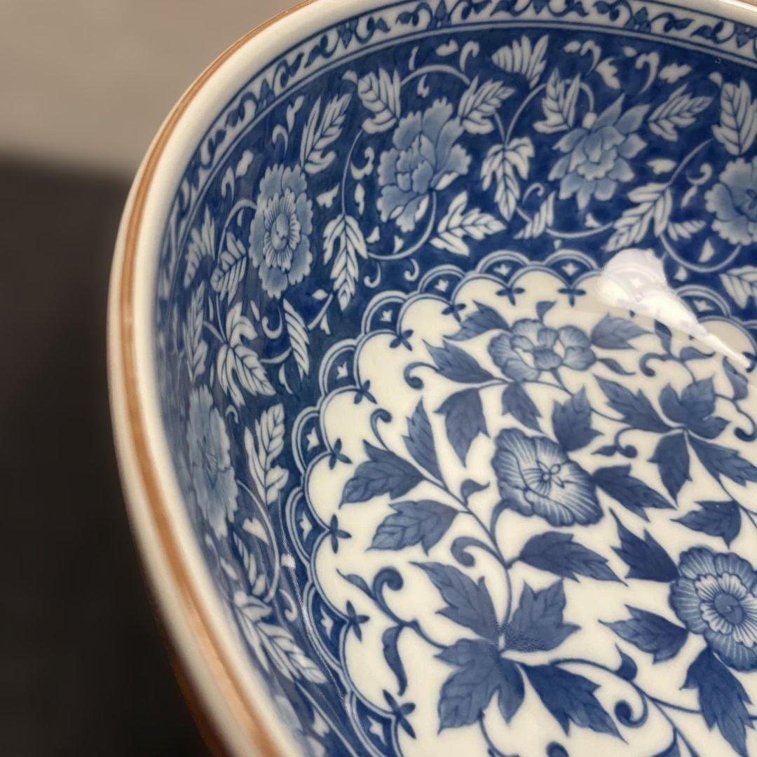 青赤花柄陶器ボウル 大きな陶器の深皿醍醐窯 約21.5㎝ 【訳あり