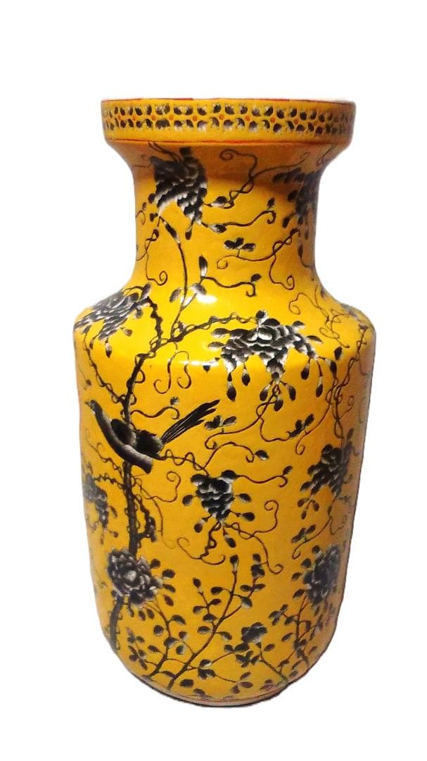 【 黄地粉彩墨彩大瓶 】花鳥紋　清光緒年　西太后居房　48.5ｃｍ