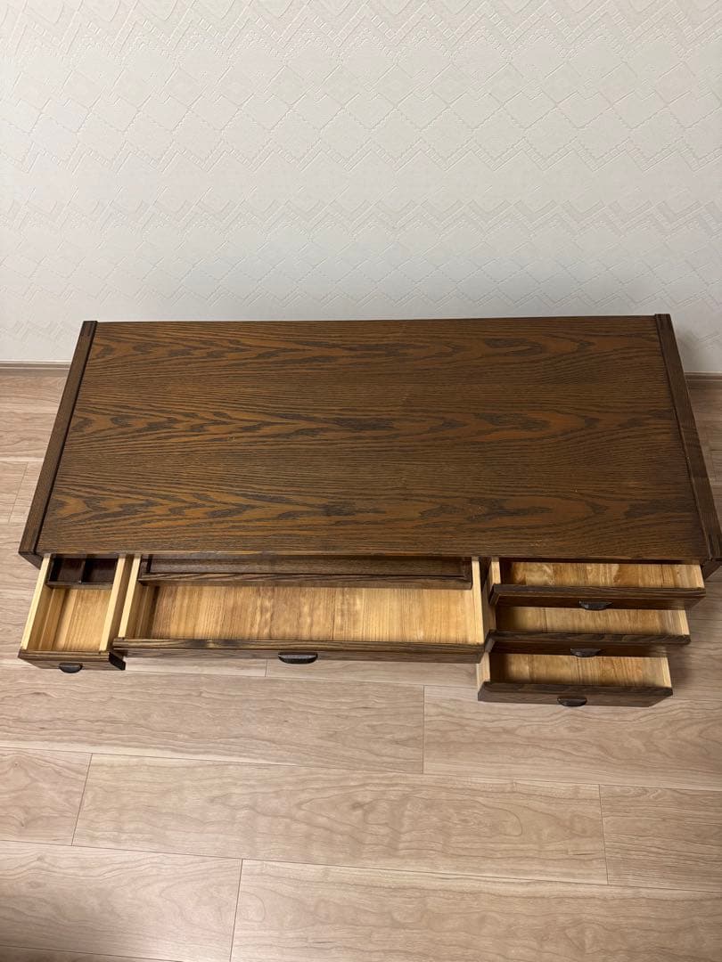 机　文机　座机　ローデスク　座卓　　　ダークブラウン木製デスク 5引き出し