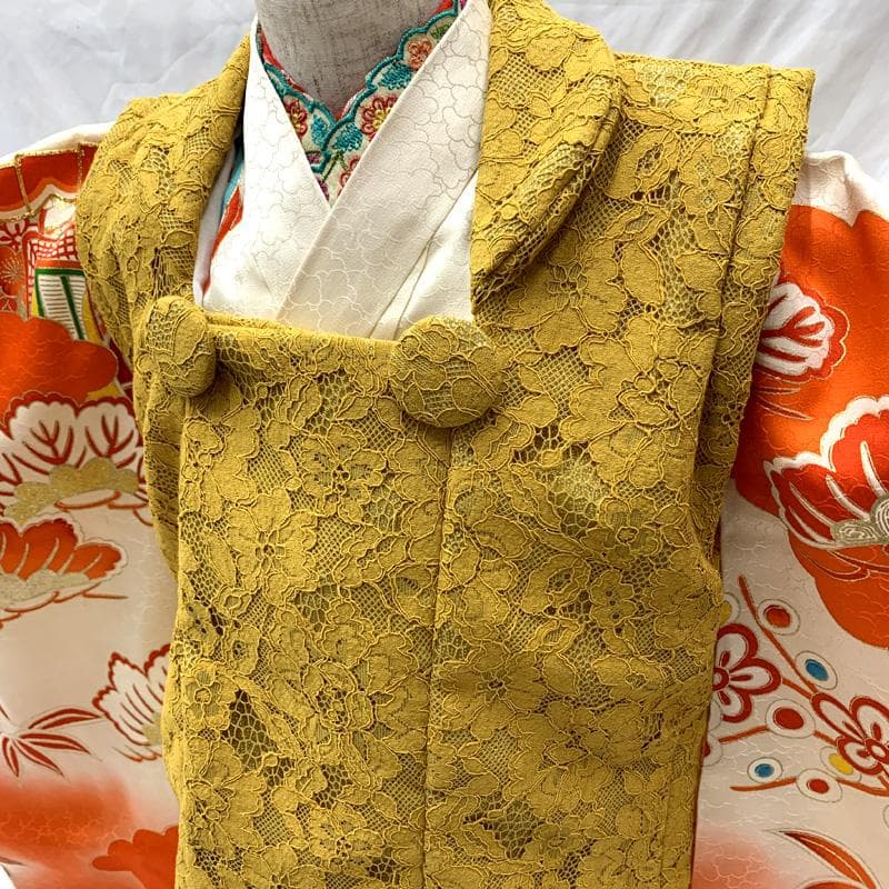 602ag6□七五三 三歳 女児 着物&被布 一つ紋 金駒刺繍 扇 梅 松□良好