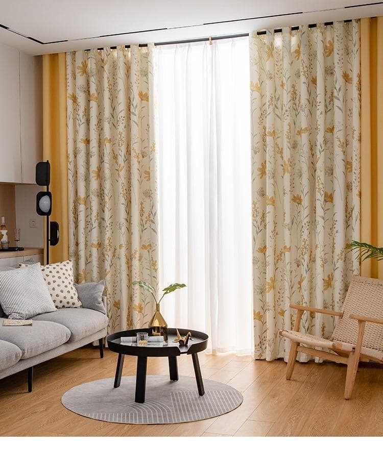 【新品】花柄水彩パステルイエローカーテン　2枚セット　200✕200CM