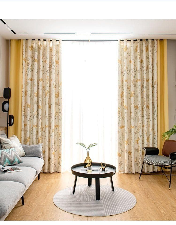 【新品】花柄水彩パステルイエローカーテン　2枚セット　200✕200CM