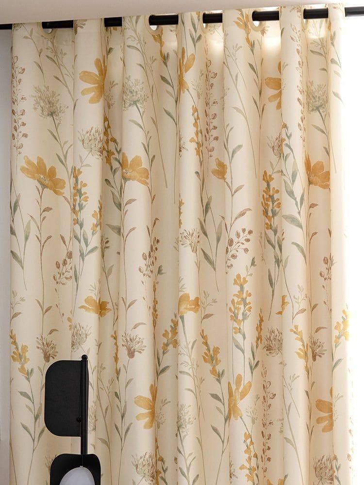 【新品】花柄水彩パステルイエローカーテン　2枚セット　200✕200CM