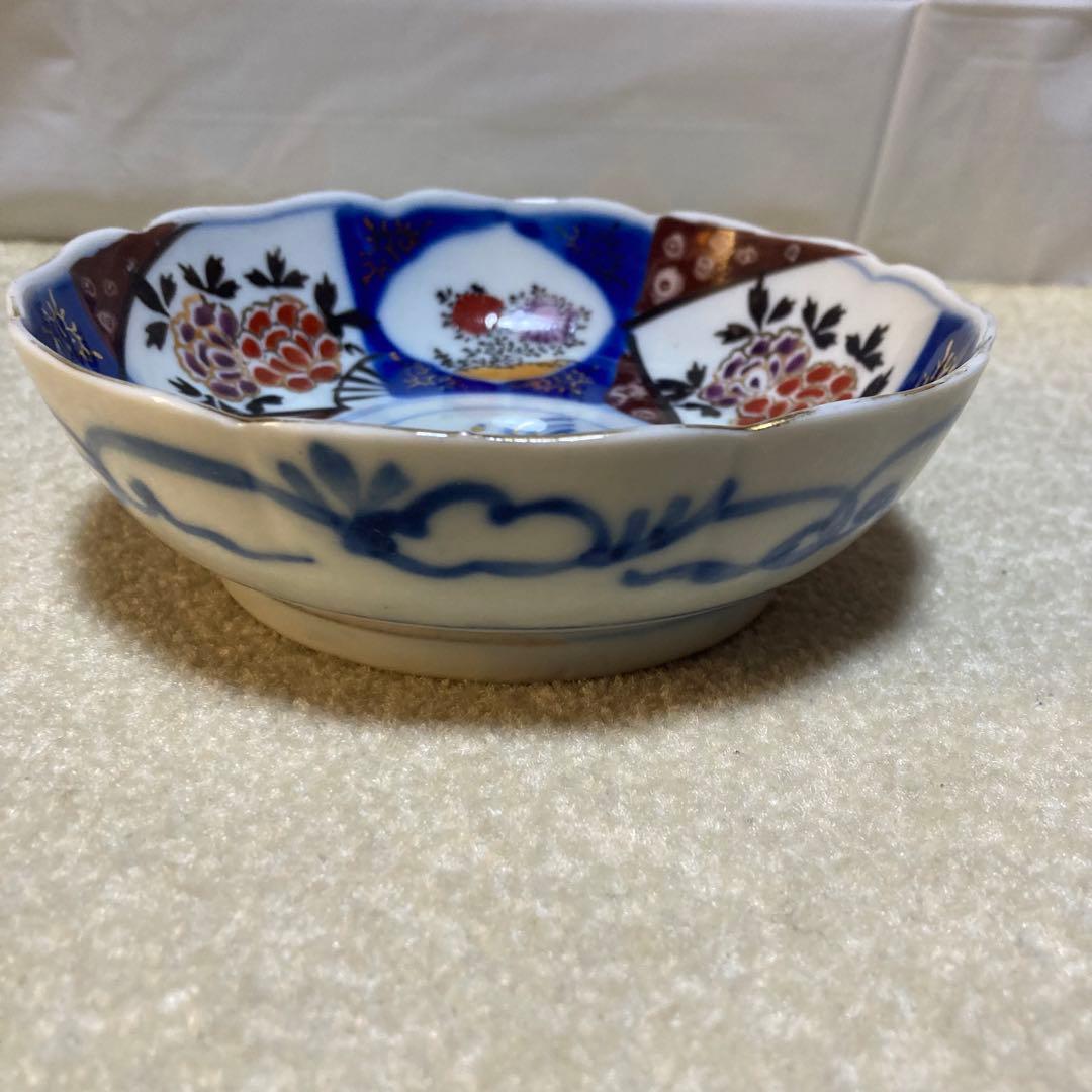 骨董 明治期 古伊万里 色絵金彩 花文様 青海波 なます皿 和食器 中鉢