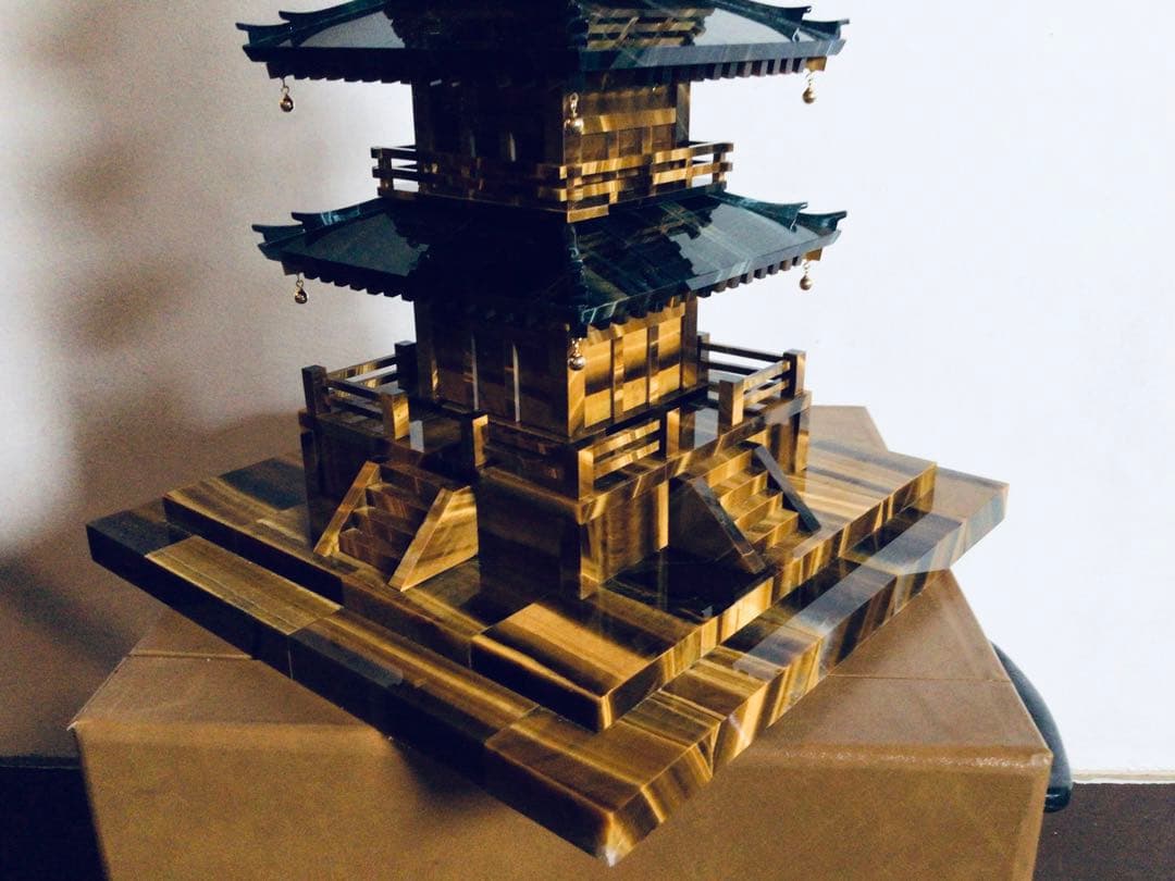 ◉伝統工芸士 小澤朗雲◉甲州水晶貴石細工・五重塔・虎目石・純金K18