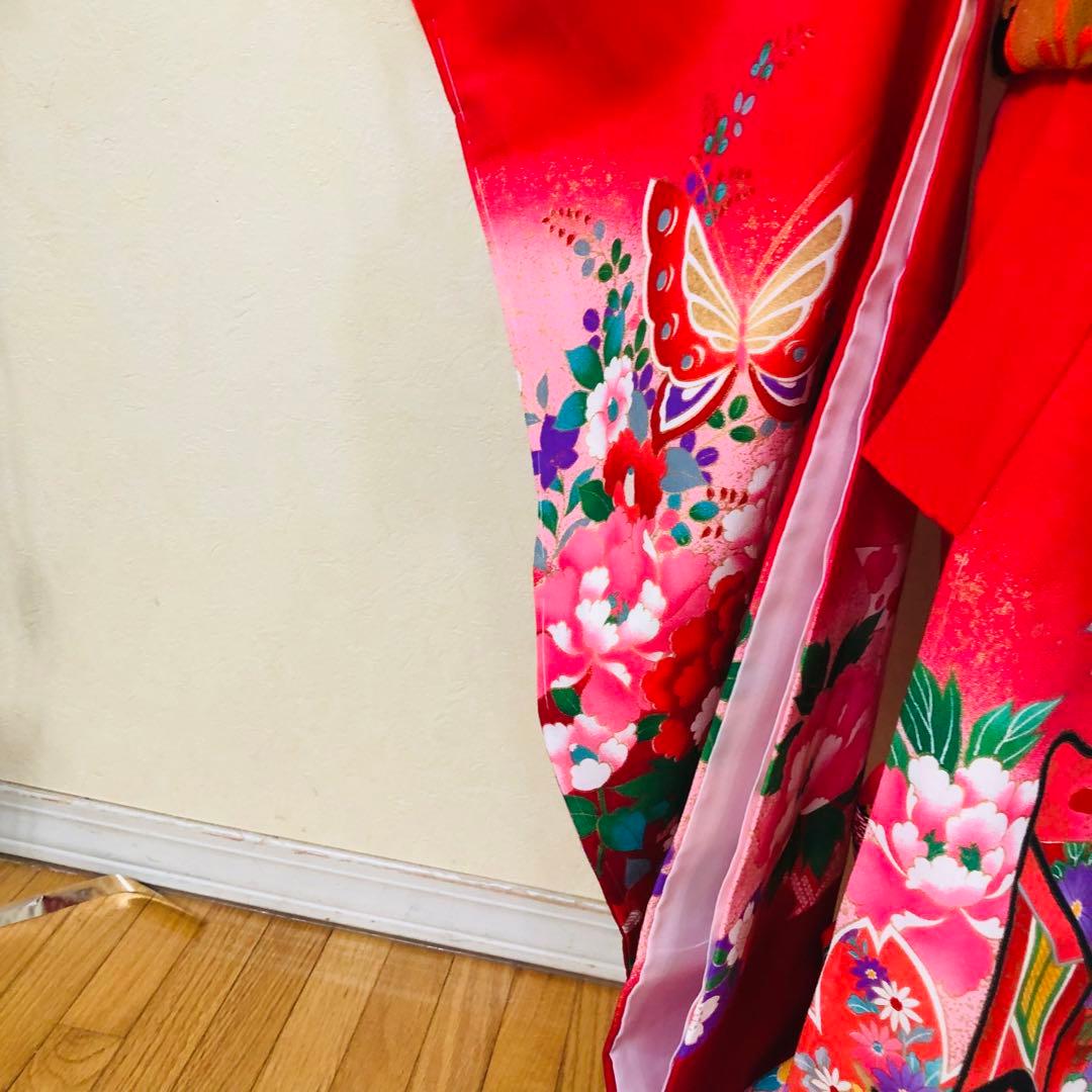 七五三七歳未使用着物‼️人気赤地暈し⭐︎御所車手毬花々煌びやか際立つ⭐︎安心フルセット